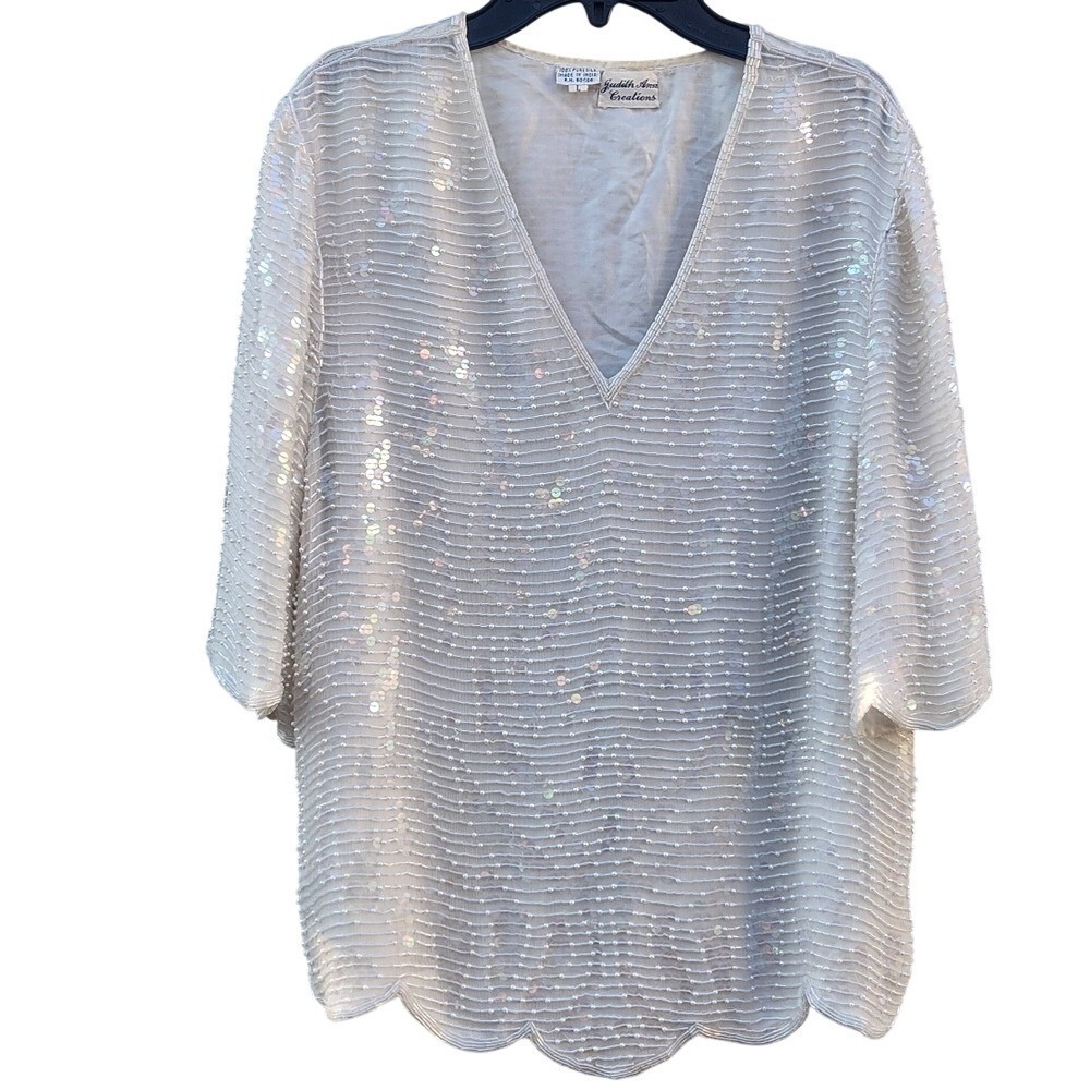 Vintage 80s Retro Atsy Deco Silk Flapper Beaded Scalloped Top Bridal‎ Bias Large